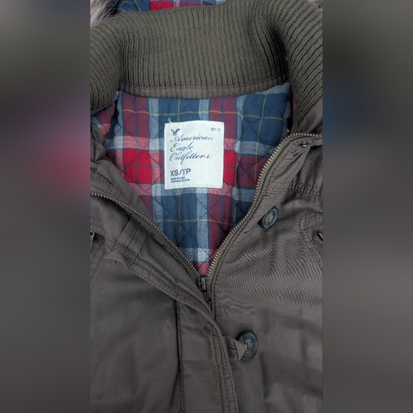 VTG Y2K American Eagle Bomber Jacket Coat Faux Fur Flannel Plaid Lined Womens XS - Picture 3 of 11